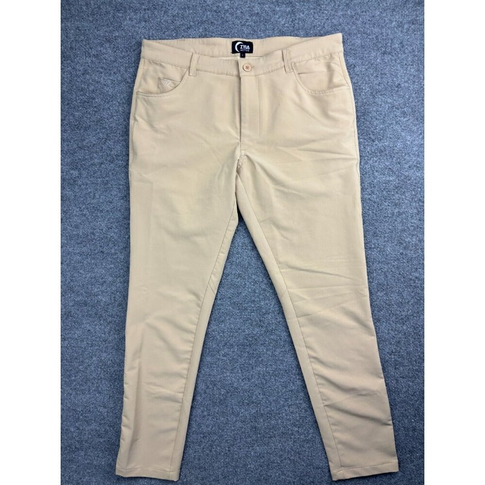 Zyia Active Chino Pants Men's Large Tan Flat Front Performance‎ Hybrid Stretch